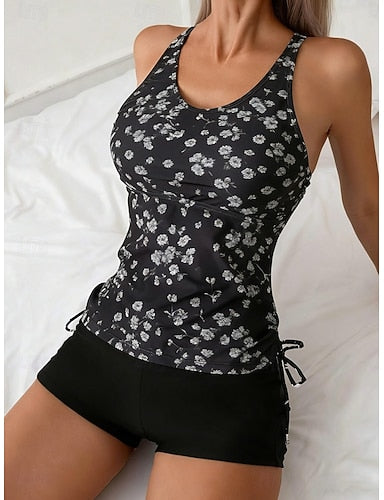Swimwear Tankini 2 Piece Shorts Swimsuit Tummy Control High Waist Slim Backless Vacation Beach Wear U Neck Sleeveless Bathing Suits
