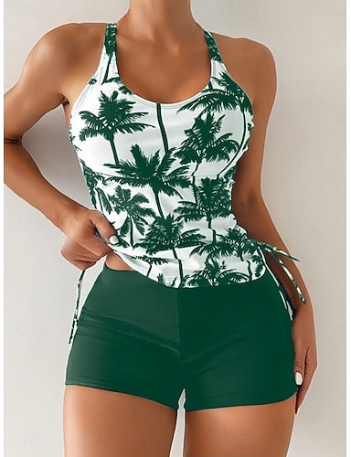 Tankini 2 Piece Swimsuit Palm Boy Leg Tummy Control High Waist Slim Backless Vacation Beach Wear Graphic U Neck Sleeveless Bathing Suits