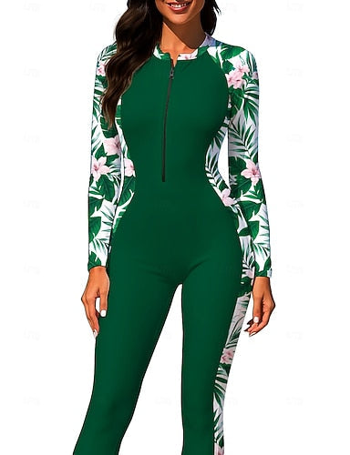 Medium Rash Guard Full Body Rash Guard One Piece Surfing Suit Tropical Zip Up With Built in Bra Front Zip Uv Sun Protection Full Coverage Upf50+ Long Sleeve Full Body Swimwear Bodysuit