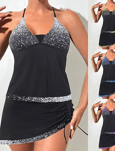 Tankini 2 Piece Swimsuit Ruched Skirt Tummy Control High Waist Slim Backless Vacation Beach Wear Ombre Halter Neck Sleeveless Bathing Suits