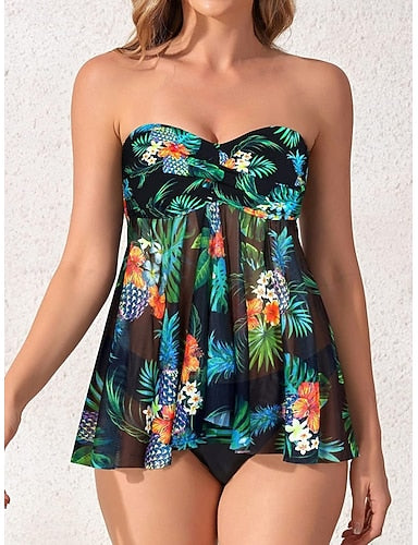 Tankini 2 Piece Swimsuit Underwire Cheeky Tummy Control High Waist Slim Backless Vacation Beach Wear Strapless Sleeveless Bathing Suits