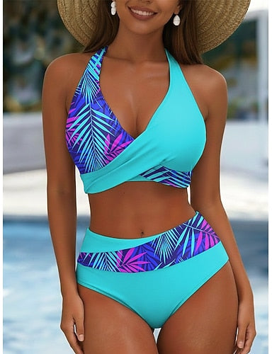 Bikini 2 Piece Swimsuit Palm Skirt Vacation Graphic V Neck Sleeveless Bathing Suits