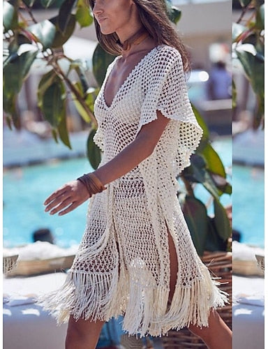 Cover Up Swimsuit Dress Fringe Hem Vacation Beach Wear Color V Neck Short Sleeves Bathing Suits