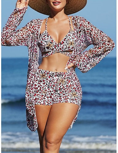 Bikini 3 Piece Swimsuit Shorts Slim Backless Vacation Beach Wear V Neck Sleeveless Bathing Suits