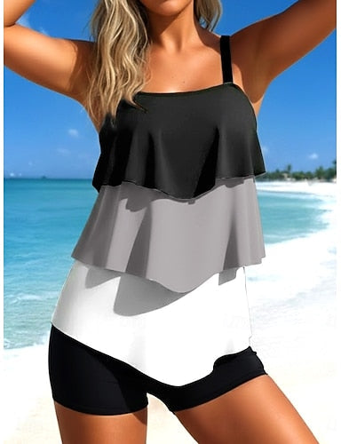 Tankini 2 Piece Swimsuit Colorblock High Waist Ruffle Layered Backless Vacation Beach Wear Ombre Graphic U Neck Sleeveless Bathing Suits
