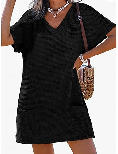 Swimwear Cover Up Swim Dress Dress Swimsuit Patchwork Pocket Vacation Beach Wear Plain V Neck Short Sleeves Bathing Suits