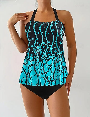 Swimwear 2 Piece Cheeky Swimsuit Backless Vacation Beach Wear Graphic Round Neck Sleeveless Bathing Suits