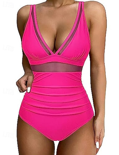 Swimwear One Piece Bikini Shorts Swimsuit Mesh Backless Vacation Beach Wear Color V Neck Sleeveless Bathing Suits