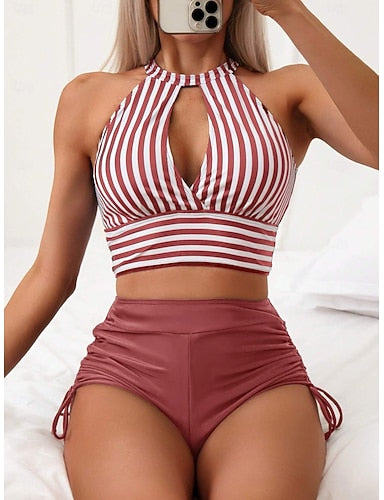 Tankini 2 Piece Swimsuit Ruched Briefs Tummy Control High Waist Slim Backless Vacation Beach Wear Striped Halter Neck Sleeveless Bathing Suits