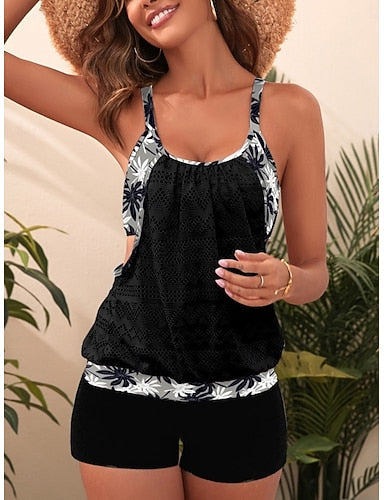 Swimwear Tankini 2 Piece Swimsuit Tummy Control High Waist Cut Out Slim Backless Vacation Beach Wear Scoop Neck Sleeveless Bathing Suits