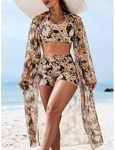 Bikini 3 Piece Swimsuit Shorts Slim Backless Vacation Beach Wear Halter Neck Sleeveless Bathing Suits
