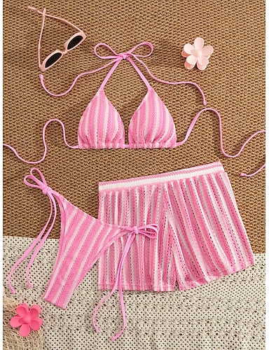 Bikini 2 Piece Swimsuit Thong Slim Backless Vacation Beach Wear Striped Halter Neck Sleeveless Bathing Suits