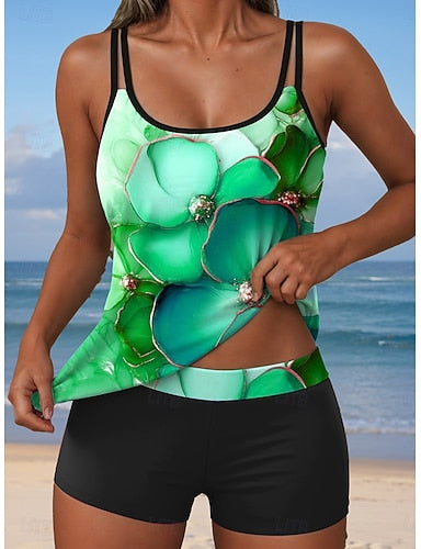 Tankini 2 Piece Swimsuit Boy Leg Backless Vacation Beach Wear Ombre U Neck Sleeveless Bathing Suits