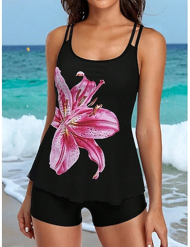 Tankini 2 Piece Swimsuit Shorts Backless Vacation Beach Wear Graphic U Neck Sleeveless Bathing Suits