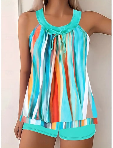 Tankini 2 Piece Swimsuit Boy Leg Tummy Control High Waist Slim Backless Vacation Beach Wear Geometric Striped Halter Neck Sleeveless Bathing Suits