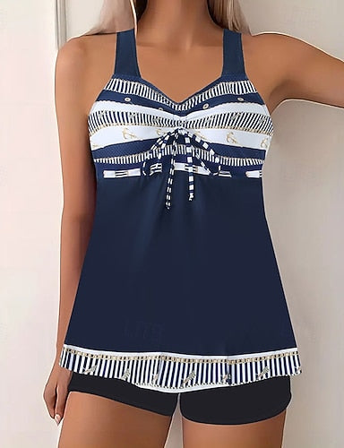Swimwear 2 Piece Shorts Swimsuit Backless Vacation Beach Wear Graphic Round Neck Sleeveless Bathing Suits
