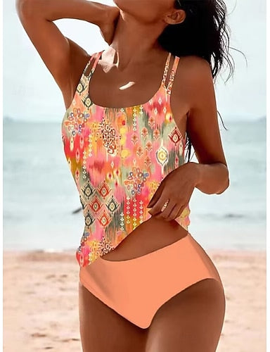 Swimwear Tankini 2 Piece Cheeky Swimsuit Tummy Control High Waist Slim Backless Vacation Beach Wear U Neck Sleeveless Bathing Suits