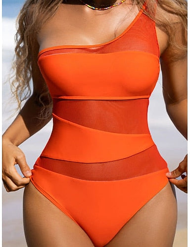 Swimwear One Piece Swimsuit Mesh Tummy Control High Waist Slim One Shoulder Vacation Beach Wear Color Asymmetric Neck Sleeveless Bathing Suits