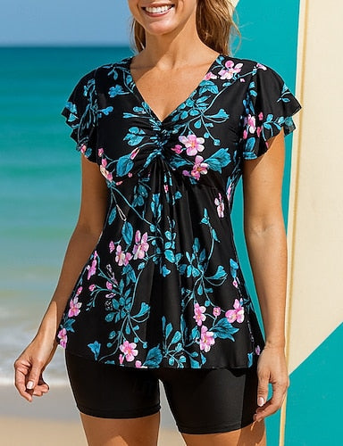 Bathing Suit 2 Pieces Swimsuits V Neck Flared Sleeve Uv Protection Elastic Short Sleeve Swimwear Surfing Beach Swimming Summer
