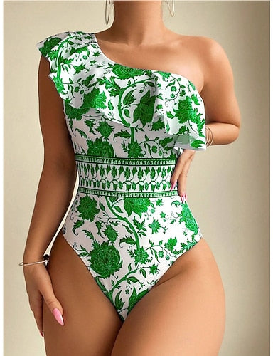 Swimwear One Piece Monokini Swimsuit Ruffle Tummy Control High Waist Slim Backless Vacation Asymmetric Neck Sleeveless Bathing Suits