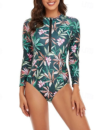 Rash Guard One Piece Swimsuit Printed Front Zip Quick Dry Lightweight Breathable Long Sleeve Bodysuit Bathing Suit Surfing Beach Water Sports Summer
