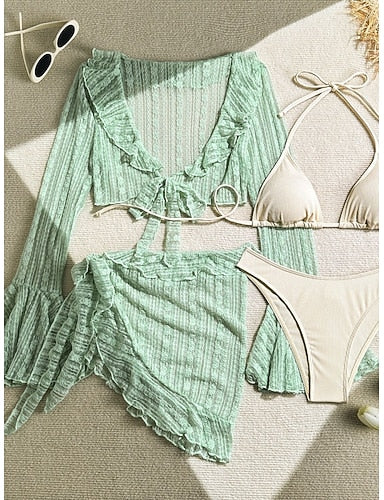 Swimwear Bikini Three Piece Cheeky Swimsuit Slim Backless Vacation Beach Wear Color Halter Neck Sleeveless Long Sleeve Bathing Suits