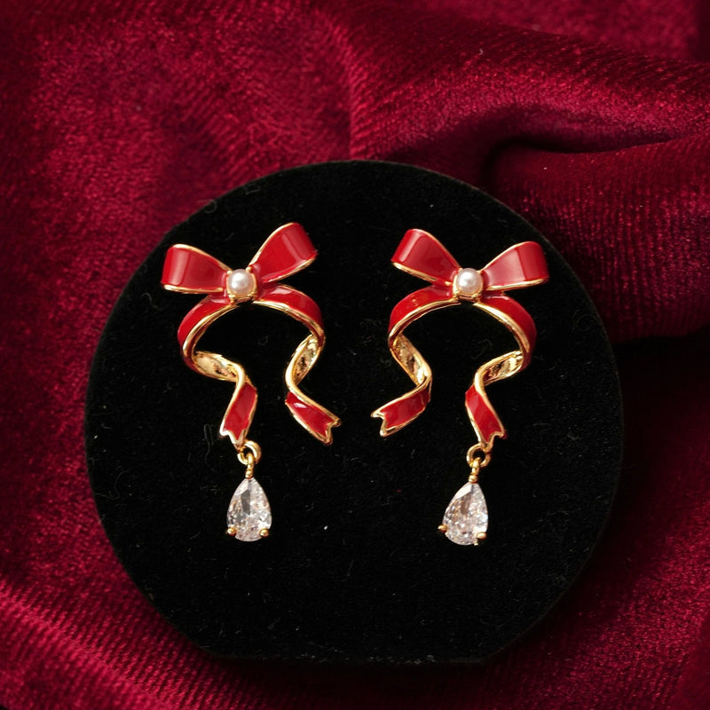 Red Bow Drop Earrings