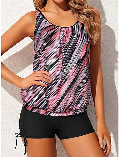 Tankini 3 Piece Swimsuit Shorts Tummy Control High Waist Slim Backless Vacation Beach Wear Graphic Geometric U Neck Sleeveless Bathing Suits