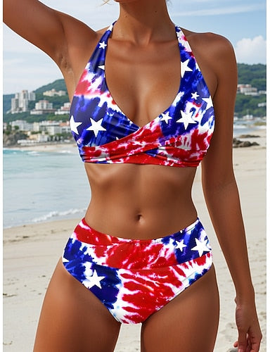 Independence Day Patriotic Swimwear Bikini 2 Piece Cheeky Swimsuit Backless Vacation Beach Wear Graphic Flag Halter Neck Sleeveless Bathing Suits
