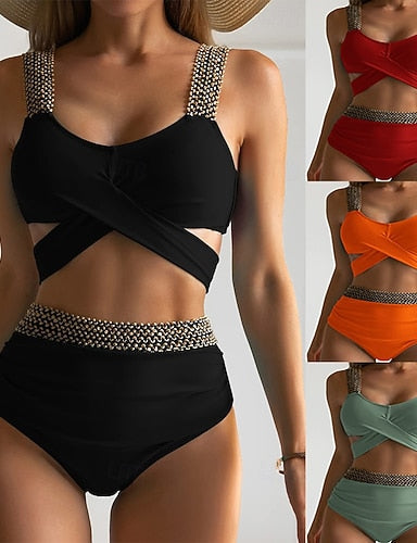 Bikini 2 Piece Swimsuit Cutout Briefs Slim Backless Vacation Beach Wear Color V Neck Sleeveless Bathing Suits