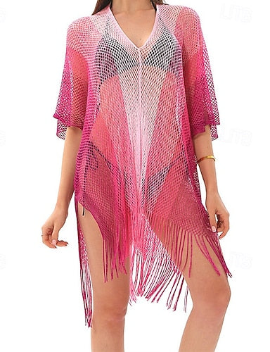Swimwear Cover Up Swimsuit Fringe Hem Cut Out Vacation Beach Wear Ombre V Neck Short Sleeves Bathing Suits