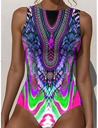 One Piece Swimsuit Slimming Monokini Briefs Tummy Control High Waist Slim Backless Vacation Beach Wear Graphic Round Neck Sleeveless Bathing Suits