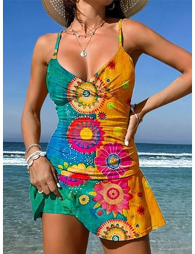 Swimwear One Piece Skirt Swimsuit Vacation Graphic V Neck Sleeveless Bathing Suits