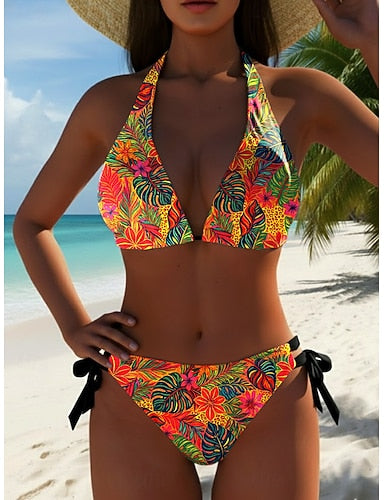 Bikini 2 Piece Swimsuit Palm Cheeky Slim Backless Vacation Beach Wear Graphic V Neck Sleeveless Bathing Suits