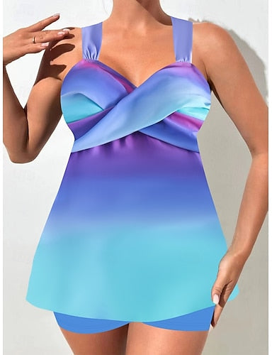 Tankini 2 Piece Swimsuit Shorts Tummy Control High Waist Slim Backless Vacation Beach Wear Ombre Graphic V Neck Sleeveless Bathing Suits