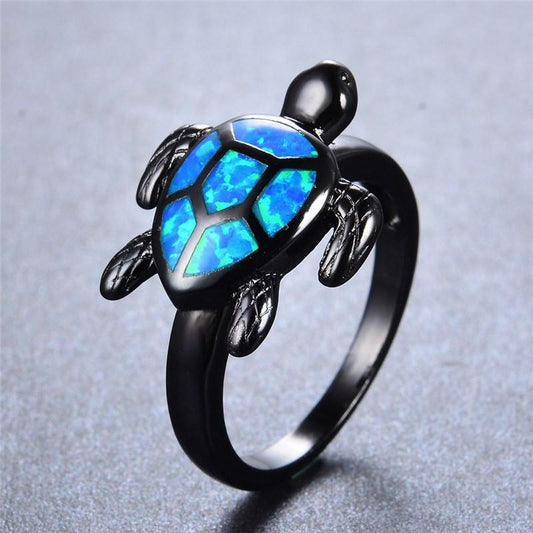 Blue Fire Opal Turtle Black Gold Ring