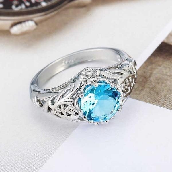 Flower Aquamarine Silver Ring