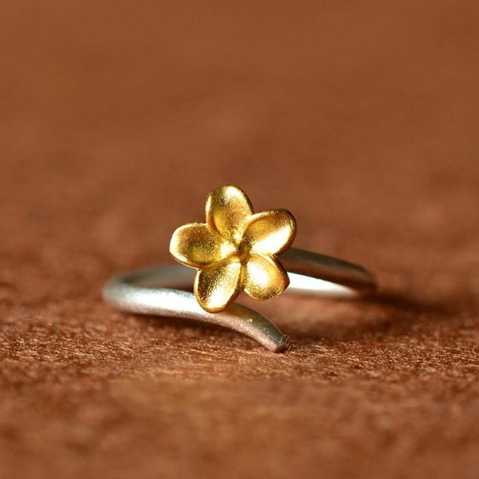 Golden Cherry Blossom Silver Ring