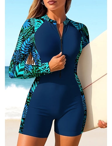 Regular Rash Guard One Piece Surfing Suit Bathing Suit Tropical Color-blocking Zip Up With Built in Bra Removable Pad Uv Sun Protection Upf50+ Ultra Light (ul) Long Sleeve Swimwear