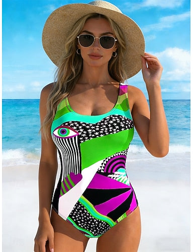Swimwear One Piece High Cut Swimsuit Beach Wear Summer Graphic Geometric U Neck Sleeveless Bathing Suits