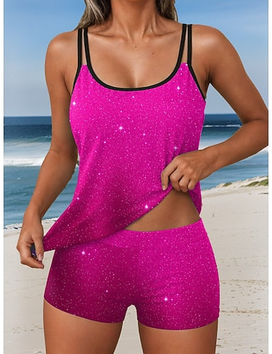 Tankini 2 Piece Swimsuit Shorts Backless Vacation Beach Wear Ombre Graphic U Neck Sleeveless Bathing Suits