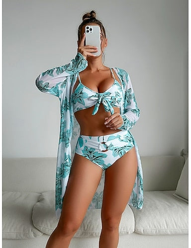 Bikini 3 Piece Swimsuit Palm Briefs Slim Backless Vacation Beach Wear V Neck Sleeveless Long Sleeve Bathing Suits