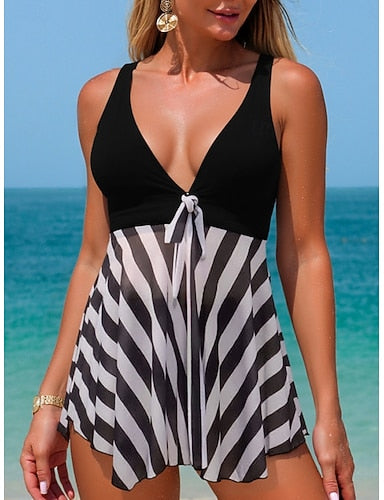 Swimwear Tankini 2 Piece Briefs Swimsuit Tummy Control High Waist Slim Backless Vacation Beach Wear Striped V Neck Sleeveless Bathing Suits