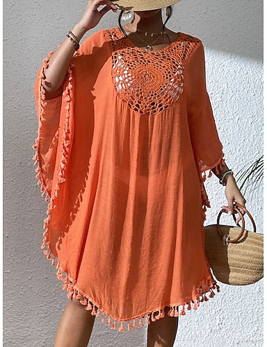 Swimwear Cover Up Rash Guard Dress Swimsuit Ruched Cut Out Vacation Color Round Neck Long Sleeve Bathing Suits