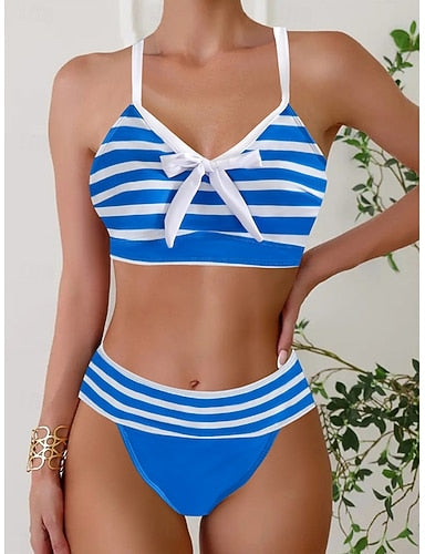 Bikini 2 Piece Swimsuit Cheeky Slim Backless Vacation Beach Wear Striped V Neck Sleeveless Bathing Suits