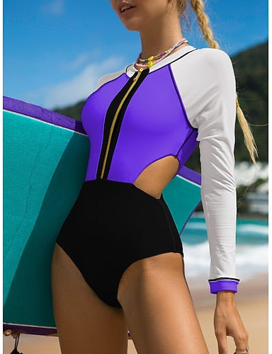 One Piece Swimsuit Cut Out Bodysuit Bathing Suit Patchwork Swimwear Blue Black Uv Sun Protection Breathable Quick Dry Long Sleeve - Swimming Surfing Beach Autumn / Fall Spring / Summer