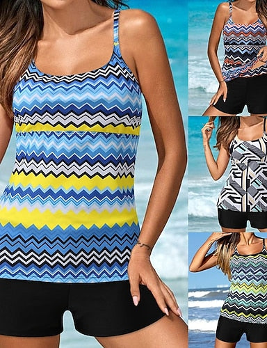 Bathing Suit Tankini 2 Pieces Printed Ultra Light (ul) Uv Protection Elastic Sleeveless Swimwear Surfing Snorkeling Summer