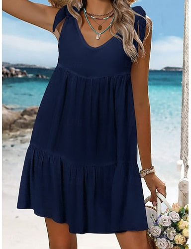 Swimwear Cover Up Swim Dress Dress Swimsuit Ruched Vacation Beach Wear Plain V Neck Sleeveless Bathing Suits