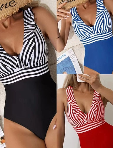 One Piece Swimsuit Slimming Colorblock Monokini Ruffle Tummy Control High Waist Slim Backless Vacation Beach Wear Striped V Neck Sleeveless Bathing Suits
