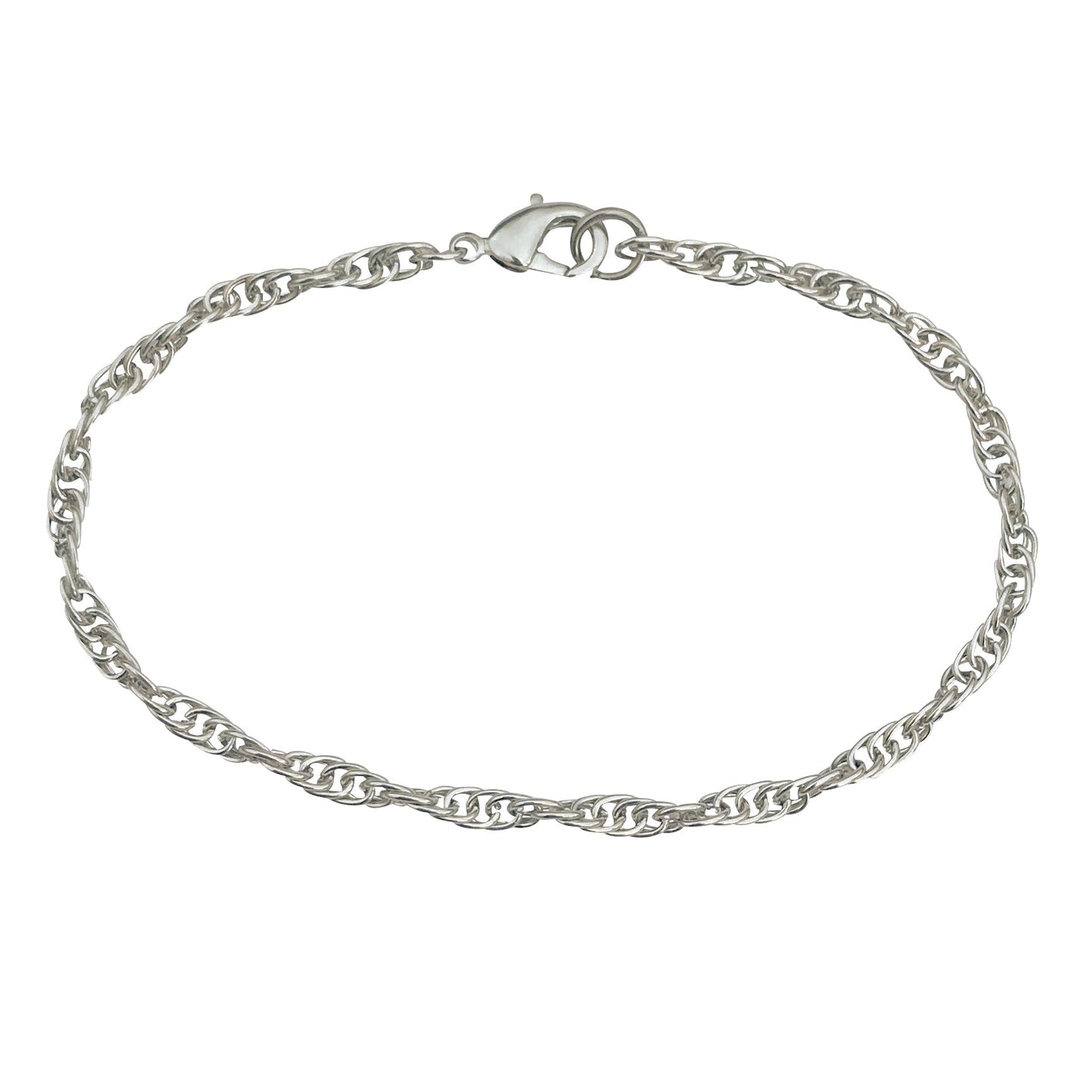3mm Silver Plated Rope Chain Bracelet With Lobster Claw Clasp
